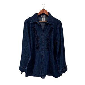 Vintage Y2K Women's Western Embroidered Denim Lace-Up Blouse 100% Cotton XL